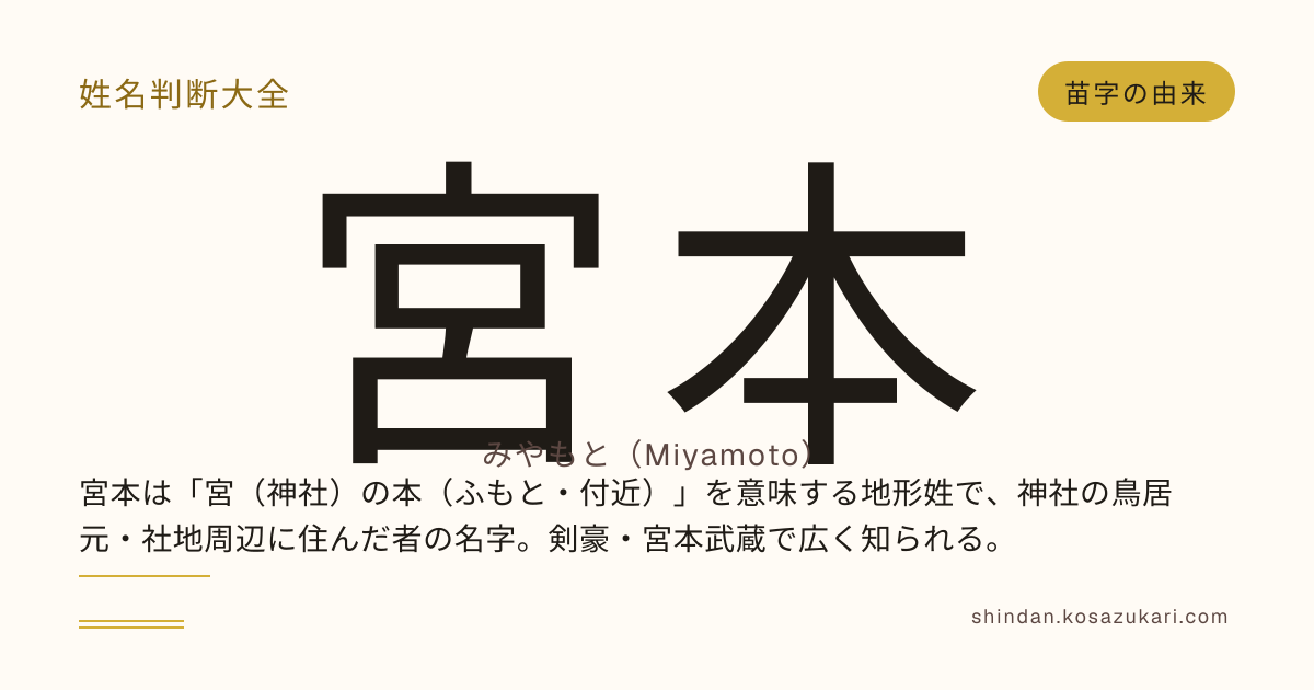 宮本（みやもと／ミヤモト／Miyamoto）の由来・語源・分布・書き順