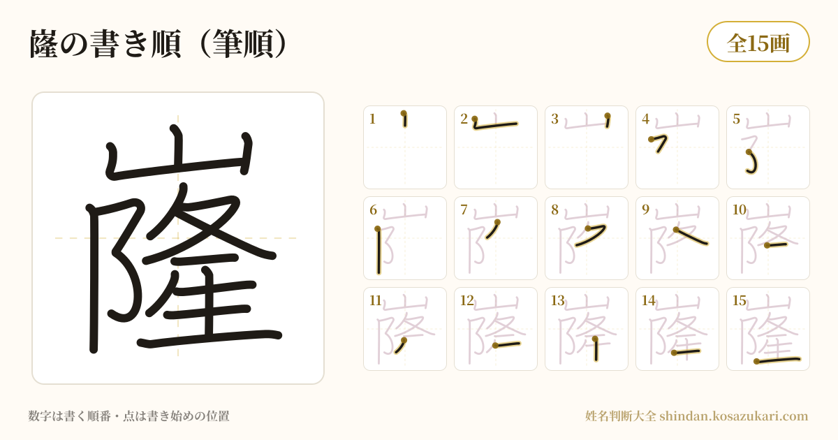 嶐の書き順(筆順)・14画を一画ずつ番号つきで示した図