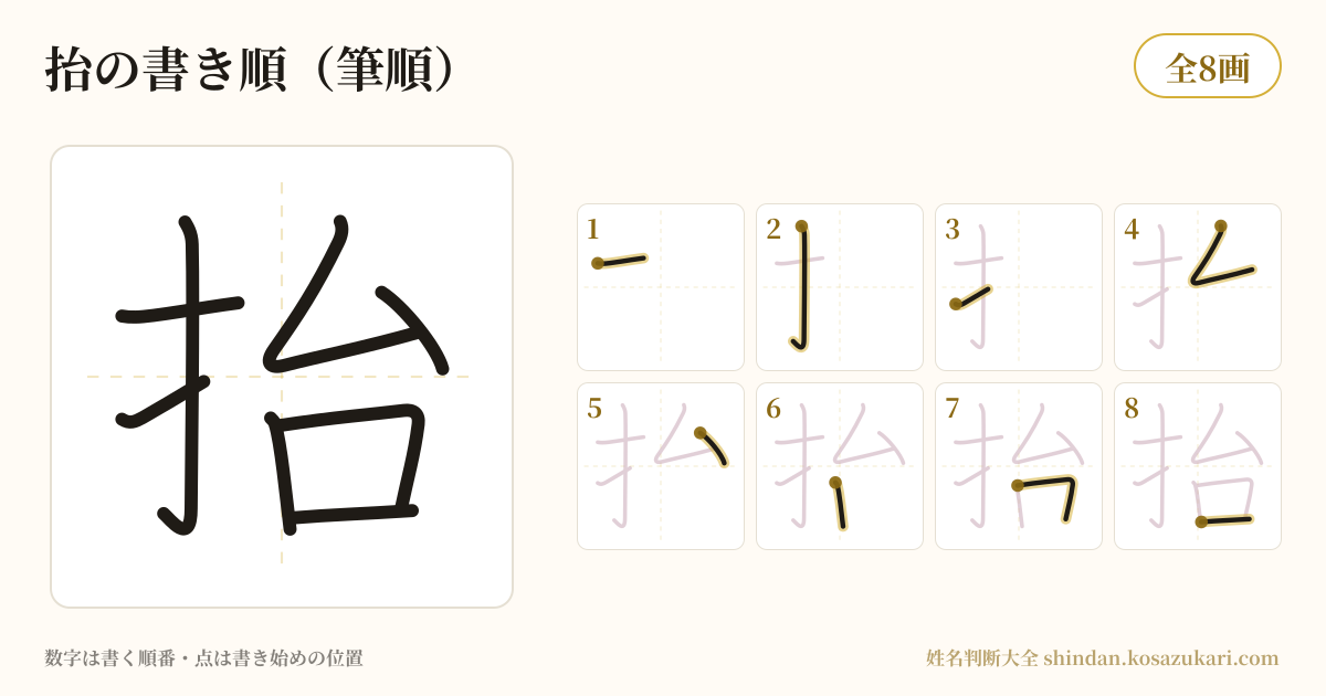 抬の書き順(筆順)・8画を一画ずつ番号つきで示した図