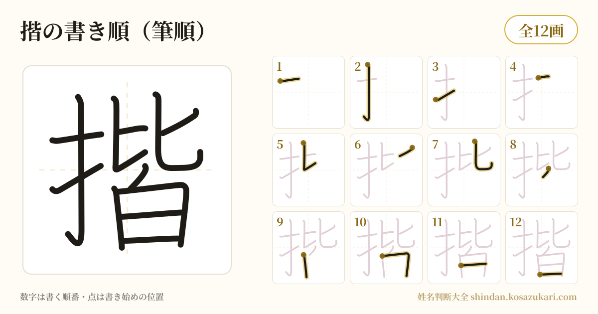 揩の書き順(筆順)・12画を一画ずつ番号つきで示した図