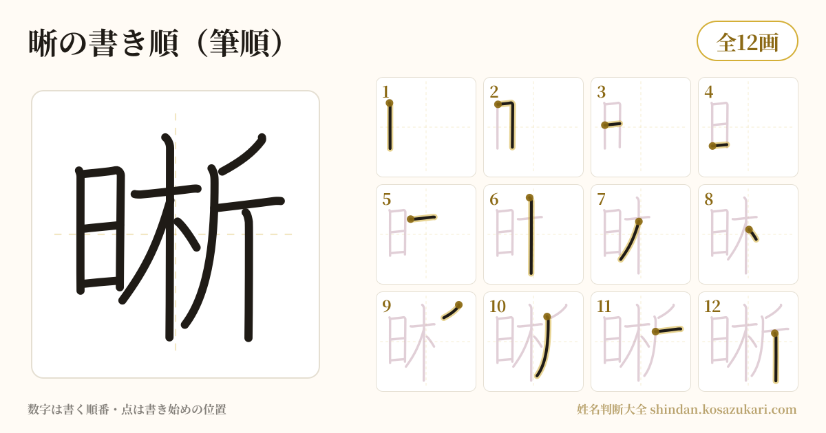 晰の書き順(筆順)・12画を一画ずつ番号つきで示した図