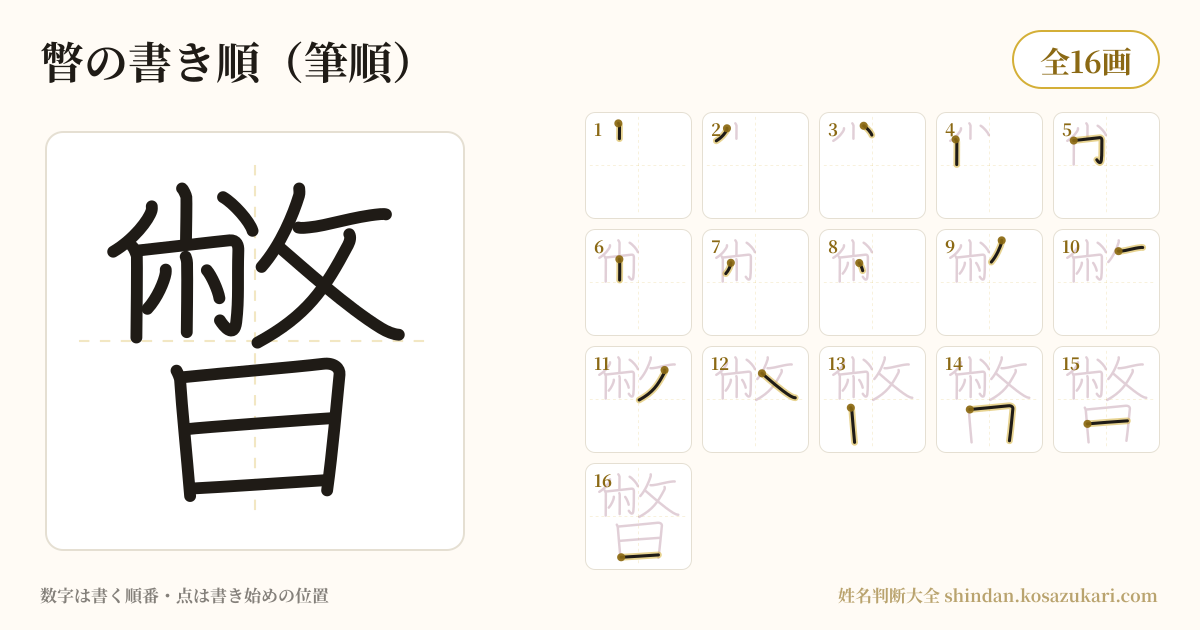暼の書き順(筆順)・16画を一画ずつ番号つきで示した図