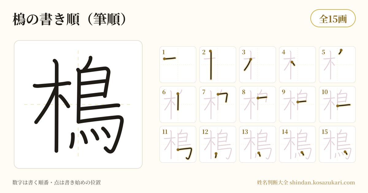樢の書き順(筆順)・15画を一画ずつ番号つきで示した図