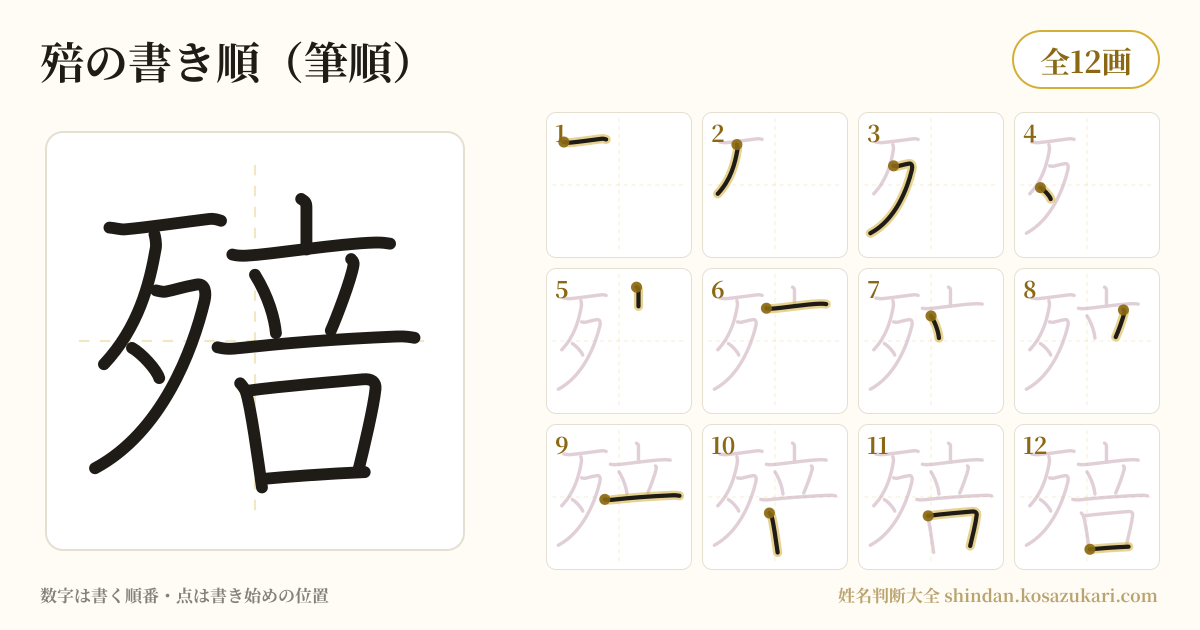殕の書き順(筆順)・12画を一画ずつ番号つきで示した図