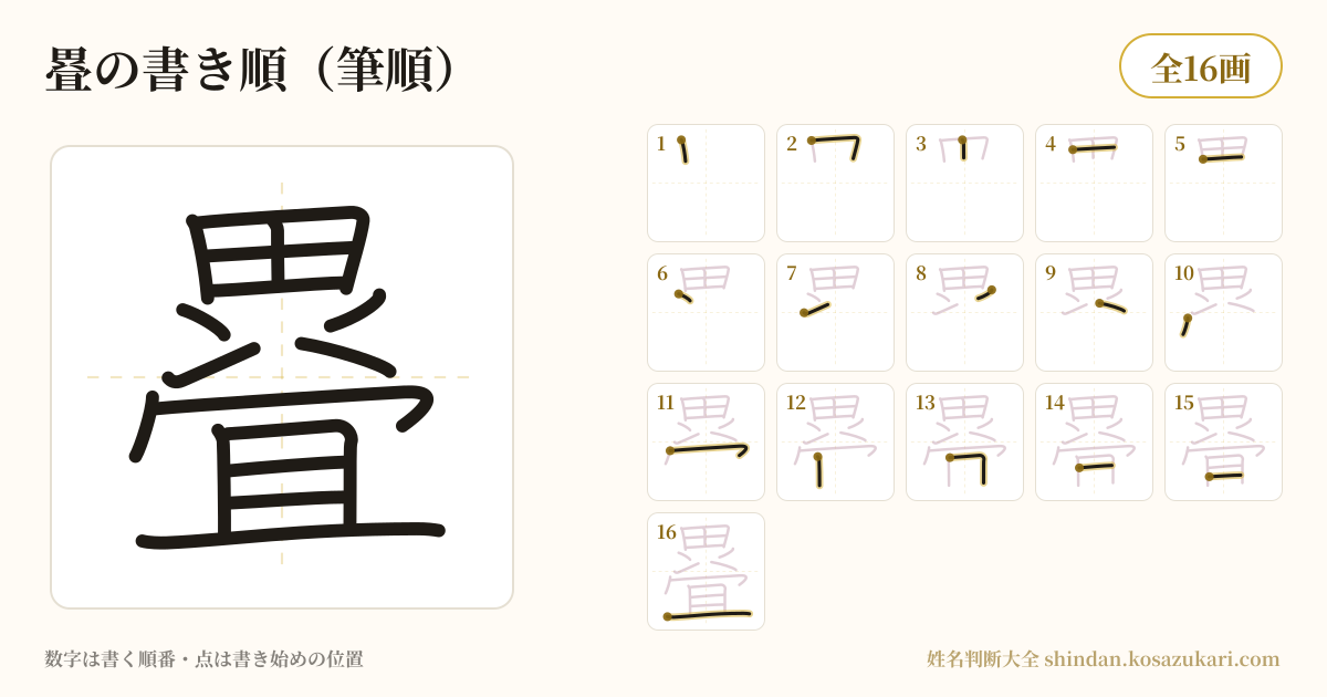 疂の書き順(筆順)・16画を一画ずつ番号つきで示した図