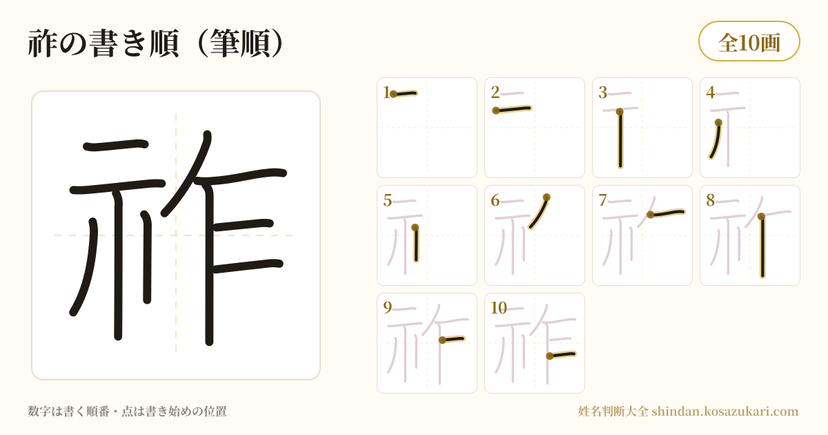 祚の書き順(筆順)・10画を一画ずつ番号つきで示した図