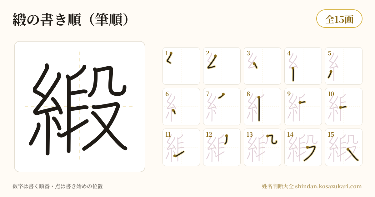 緞の書き順(筆順)・15画を一画ずつ番号つきで示した図