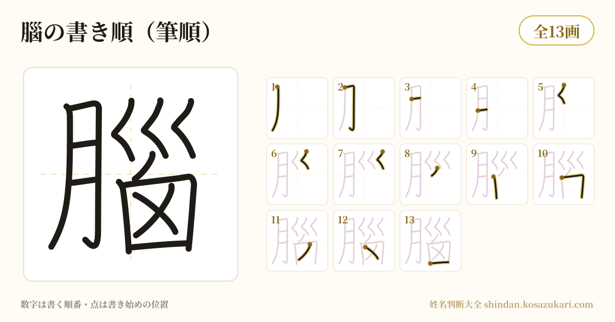 腦の書き順(筆順)・13画を一画ずつ番号つきで示した図