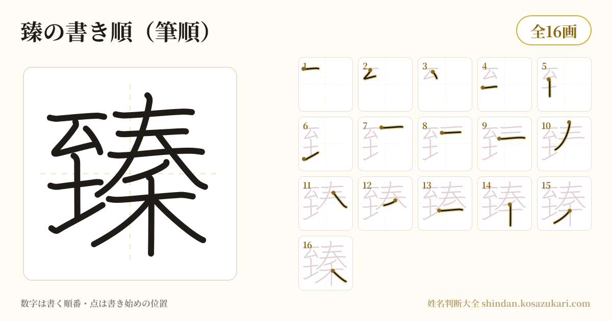 臻の書き順(筆順)・16画を一画ずつ番号つきで示した図