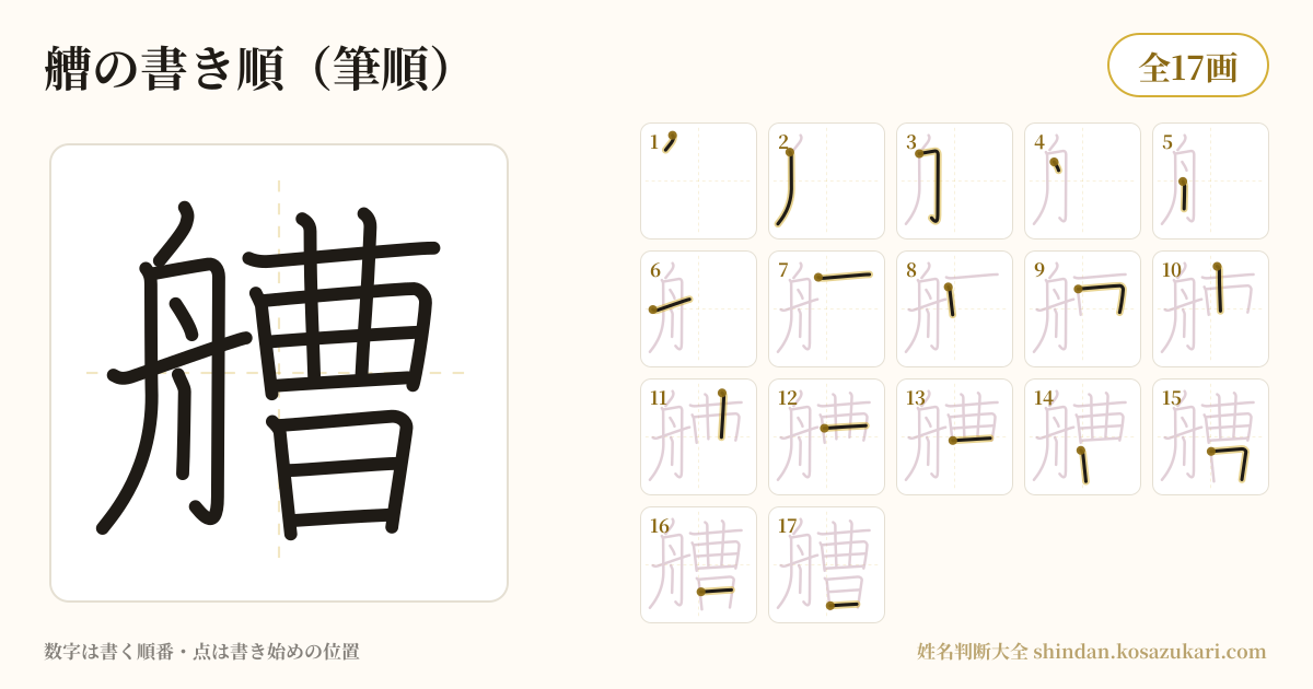 艚の書き順(筆順)・17画を一画ずつ番号つきで示した図