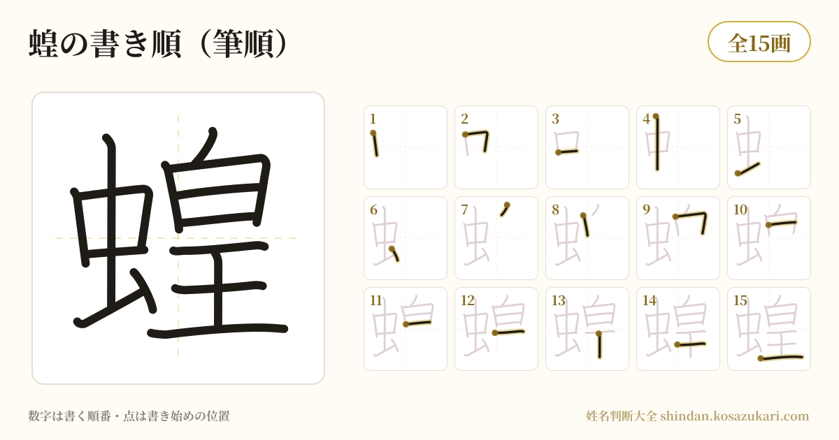 蝗の書き順(筆順)・15画を一画ずつ番号つきで示した図