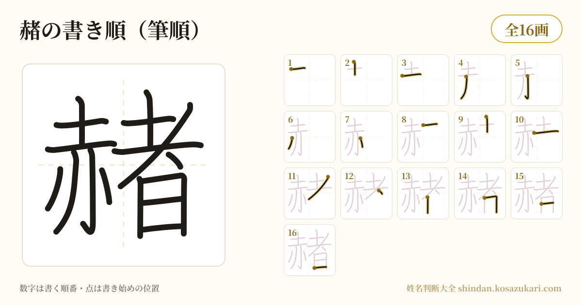 赭の書き順(筆順)・16画を一画ずつ番号つきで示した図
