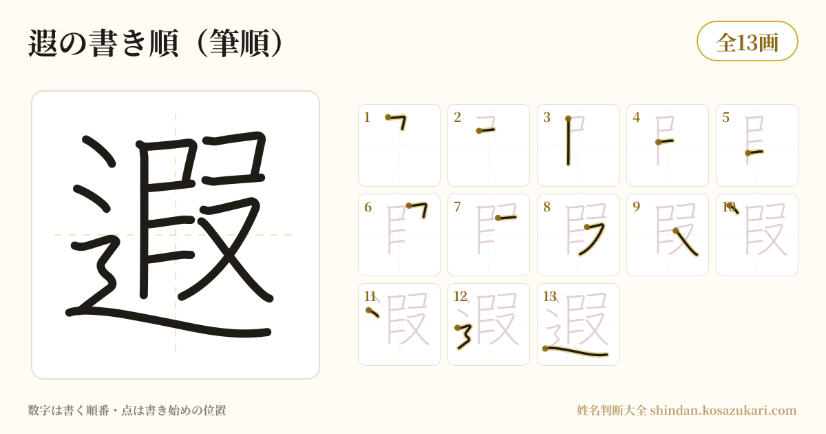 遐の書き順(筆順)・13画を一画ずつ番号つきで示した図