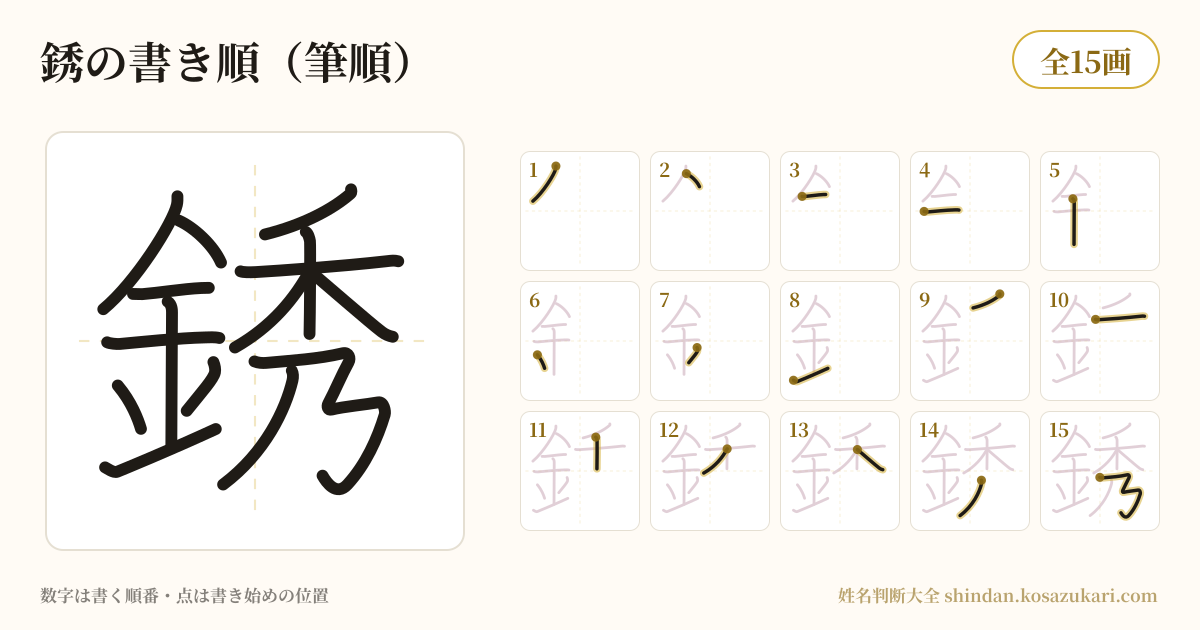 銹の書き順(筆順)・15画を一画ずつ番号つきで示した図