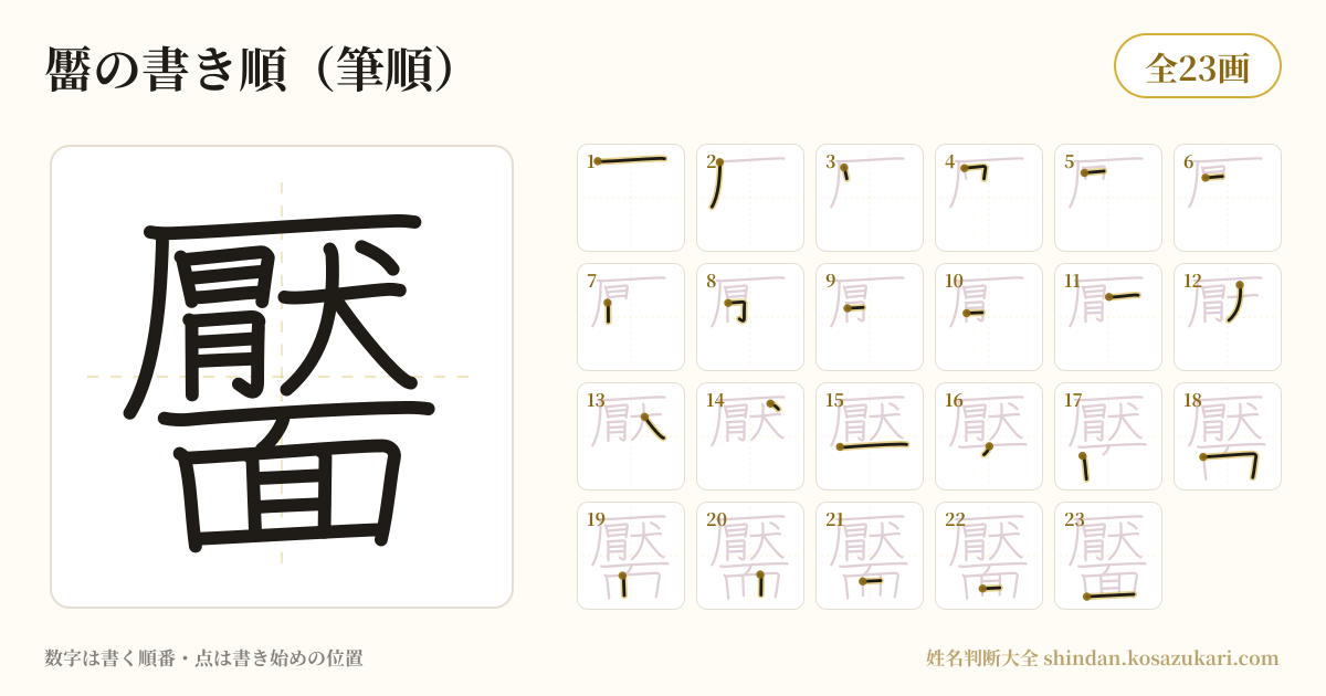 靨の書き順(筆順)・23画を一画ずつ番号つきで示した図