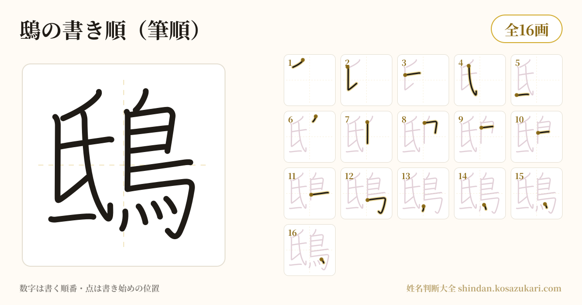 鴟の書き順(筆順)・16画を一画ずつ番号つきで示した図